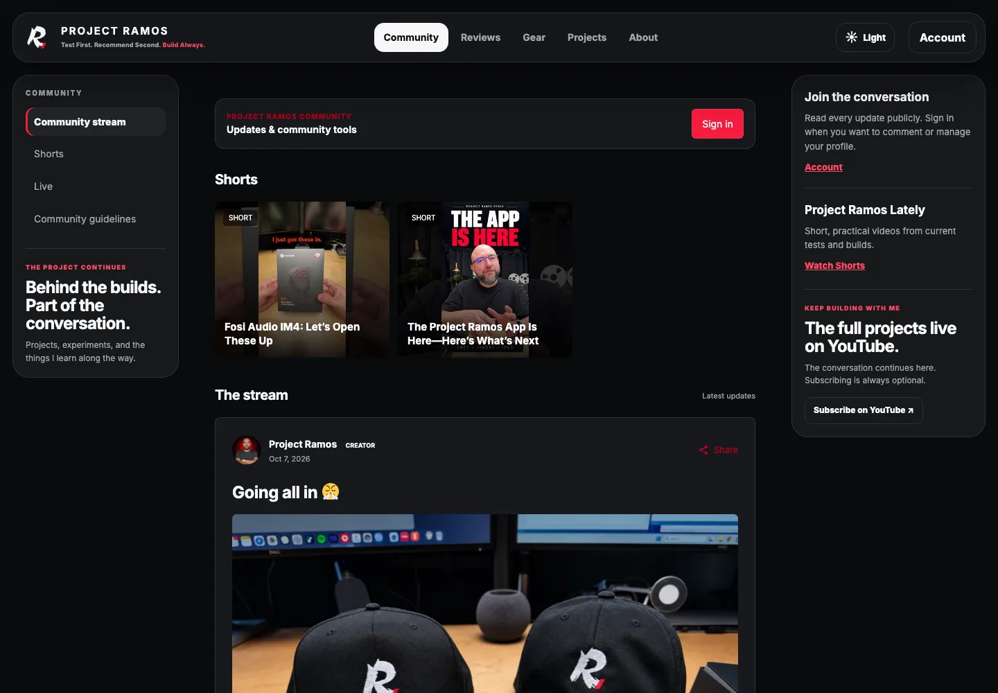Project Ramos website in dark mode