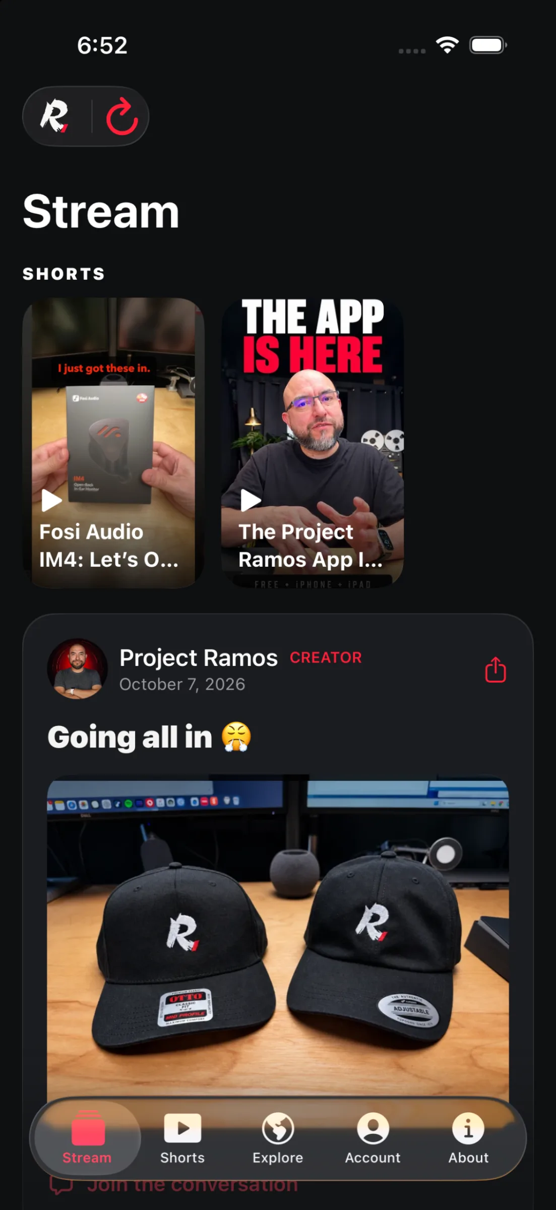 Project Ramos app in dark mode