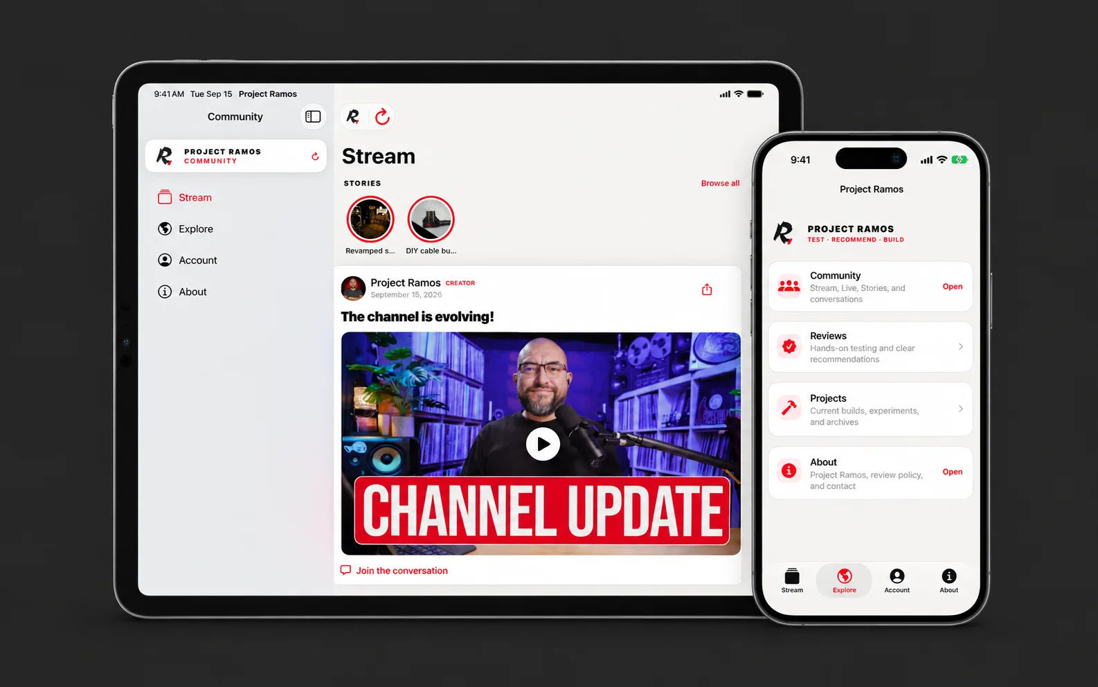 Project Ramos Community app on iPad and iPhone, showing Stream and Explore
