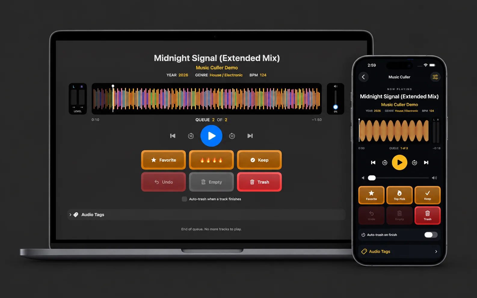 Music Culler on MacBook and iPhone, with waveform navigation and sorting controls