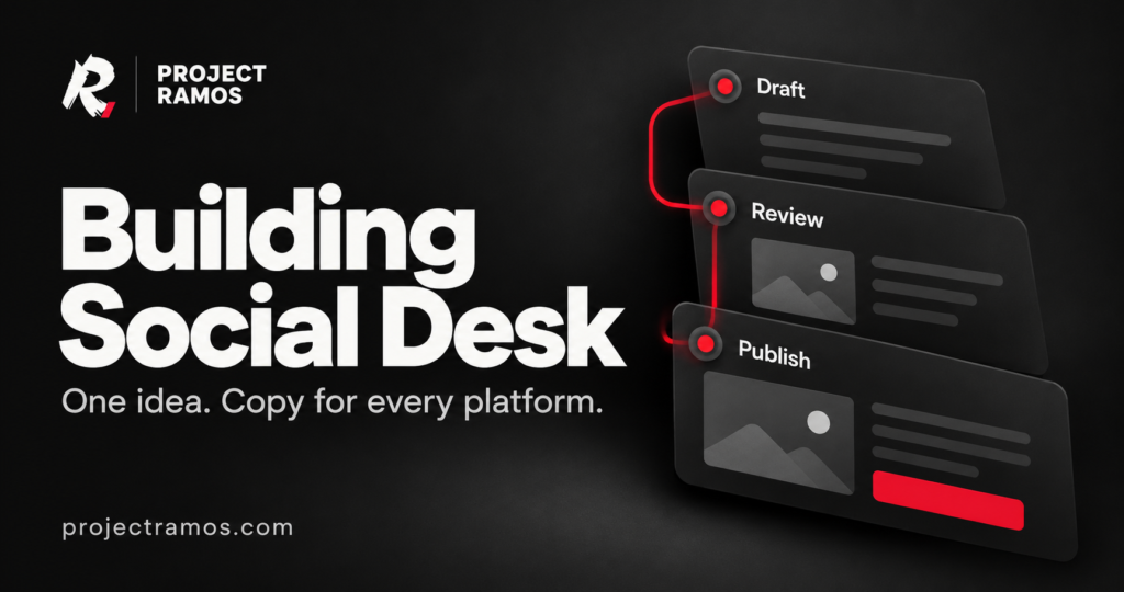 Building Social Desk — Project Ramos conceptual illustration with Draft, Review and Publish cards on a charcoal background with red accents.