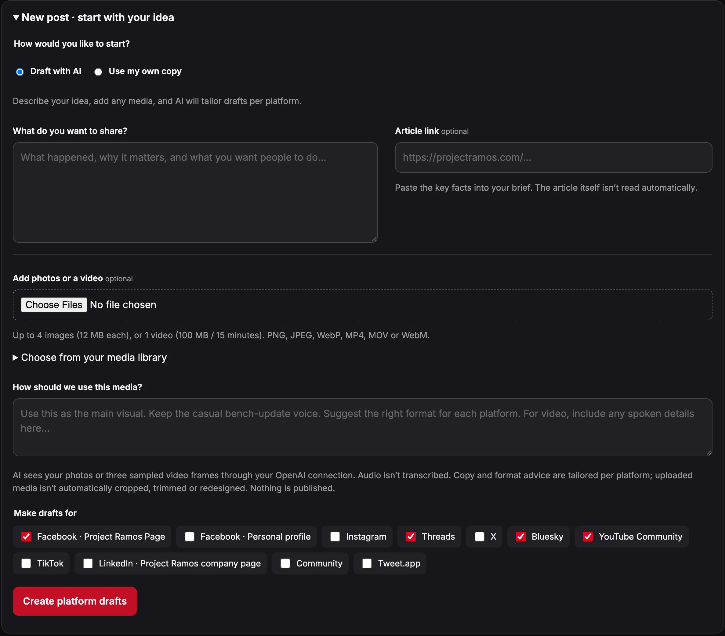 Social Desk new-post form with AI and exact-copy modes, media upload, instructions and platform choices.